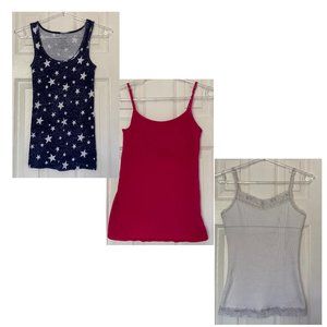 Three tops (1 pink, 1 blue and 1 white)